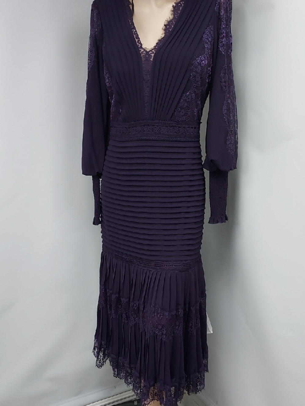 Tadashi Shoji Deep Eggplant Purple Lace & Pleated Long Sleeve Maxi Dress
